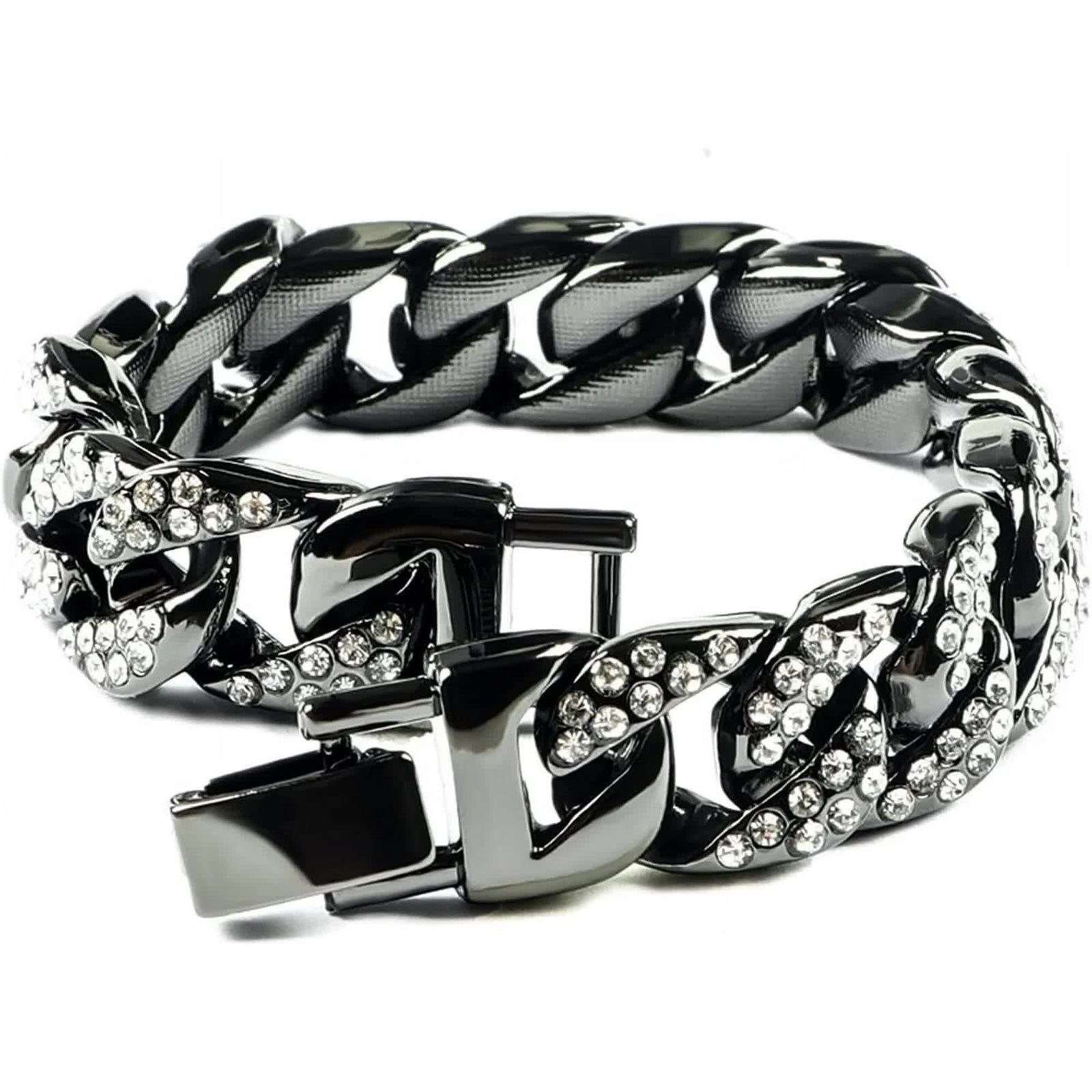 Mens Womens Cuban Link Bracelet Hip Hop Bracelet Gold Chain Bracelet Iced Out Curb Cuban 18k Gold Plated Bracelet With Clear Rhinestones (A-T-Black-8.74in)