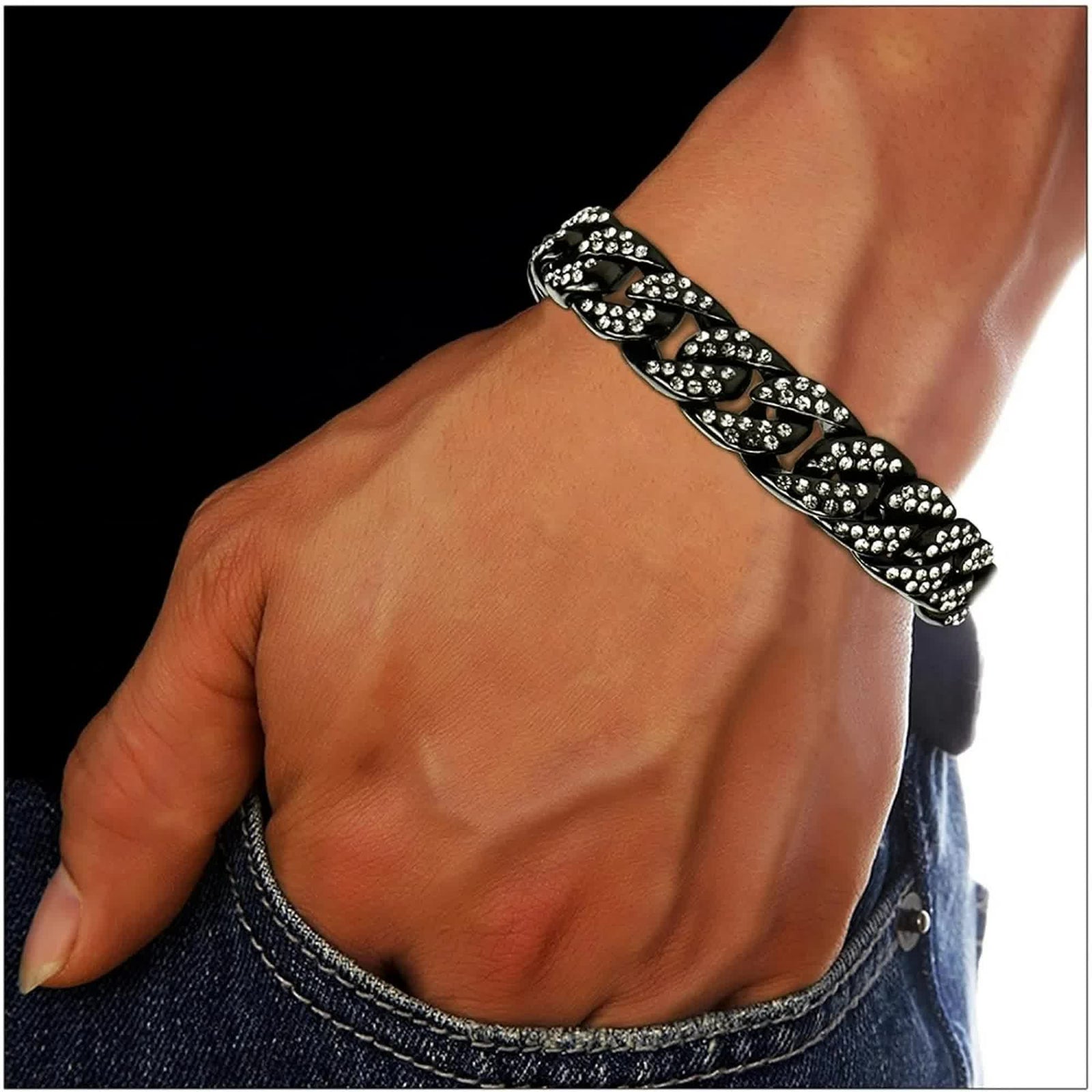 Mens Womens Cuban Link Bracelet Hip Hop Bracelet Gold Chain Bracelet Iced Out Curb Cuban 18k Gold Plated Bracelet With Clear Rhinestones (A-T-Black-8.74in)