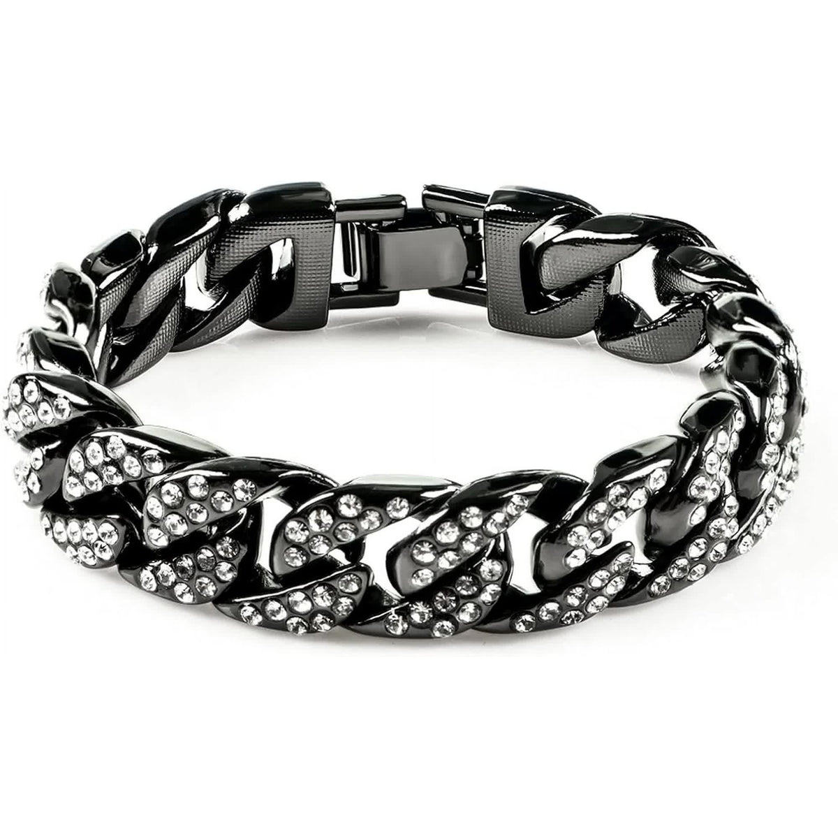 Mens Womens Cuban Link Bracelet Hip Hop Bracelet Gold Chain Bracelet Iced Out Curb Cuban 18k Gold Plated Bracelet With Clear Rhinestones (A-T-Black-8.74in)