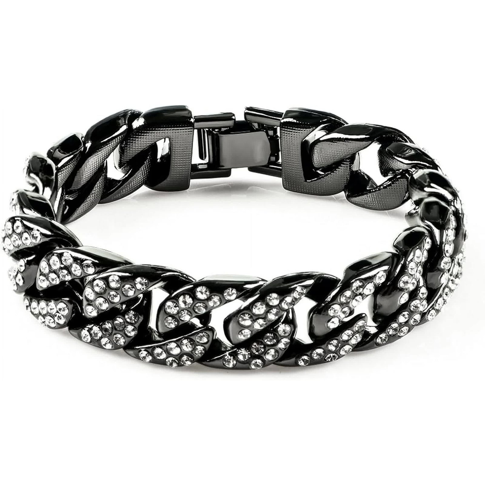 Mens Womens Cuban Link Bracelet Hip Hop Bracelet Gold Chain Bracelet Iced Out Curb Cuban 18k Gold Plated Bracelet With Clear Rhinestones (A-T-Black-8.74in)