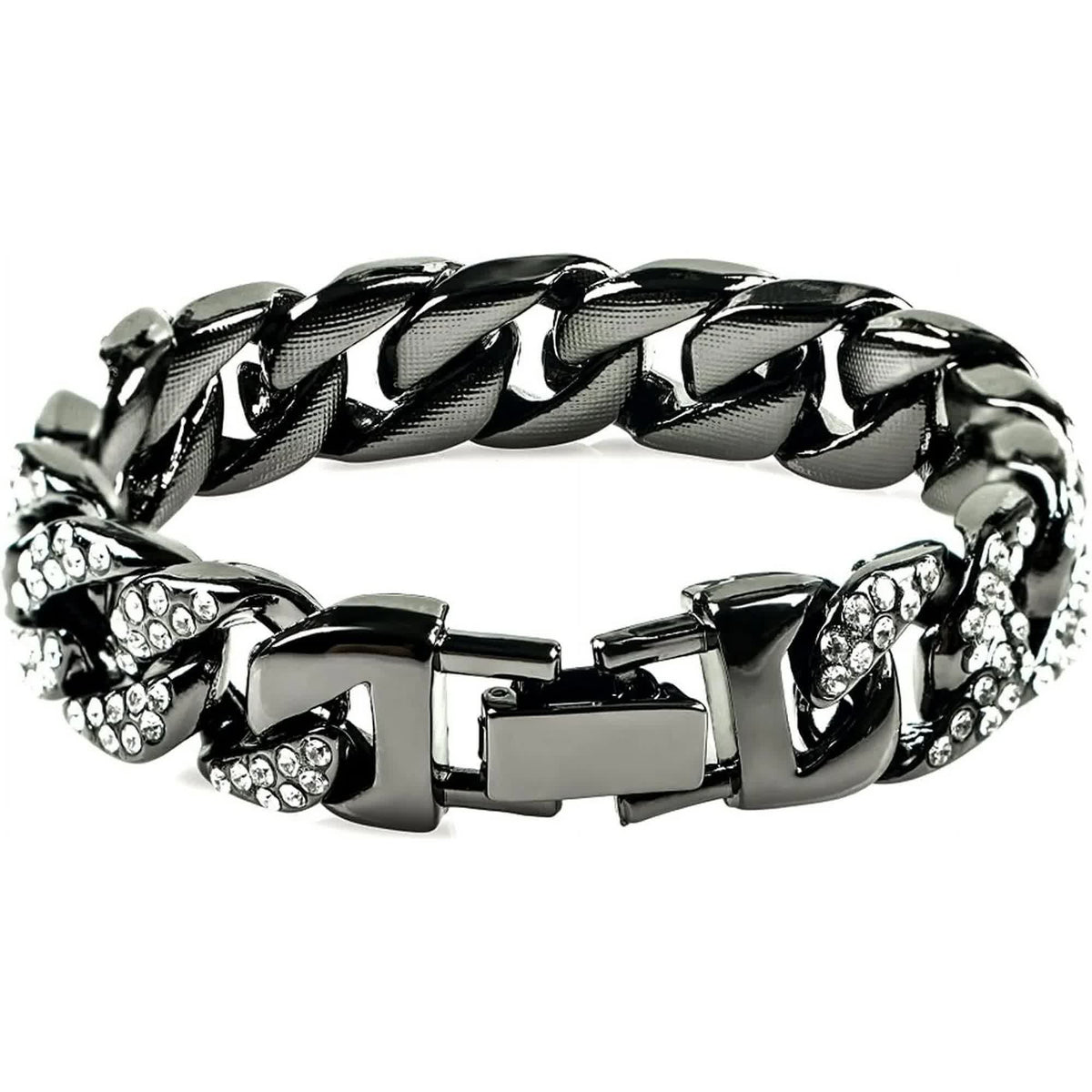 Mens Womens Cuban Link Bracelet Hip Hop Bracelet Gold Chain Bracelet Iced Out Curb Cuban 18k Gold Plated Bracelet With Clear Rhinestones (A-T-Black-8.74in)