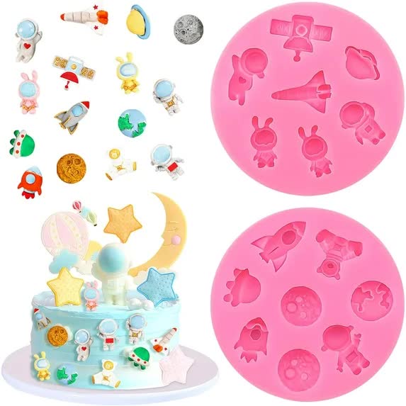 2 Pcs Astronaut Rocket Planet Fondant Silicone Molds Space-Themed Chocolate Candy Epoxy Resin Mold Cute Soap Kitchen Baking Tools for Sugarcraft Cake Decorating