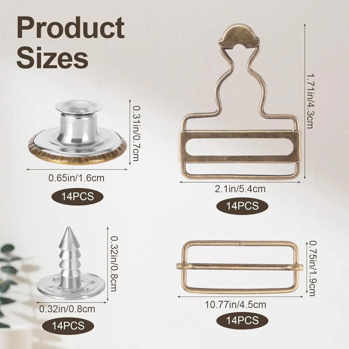14 Sets Metal Overall Buckles, 1-1/2" Dungaree Replacement Clasp Clips with Adjustable Slide Buckle Buttons for Suspender Jeans Bib Pants DIY Sewing Accessories, Bronze