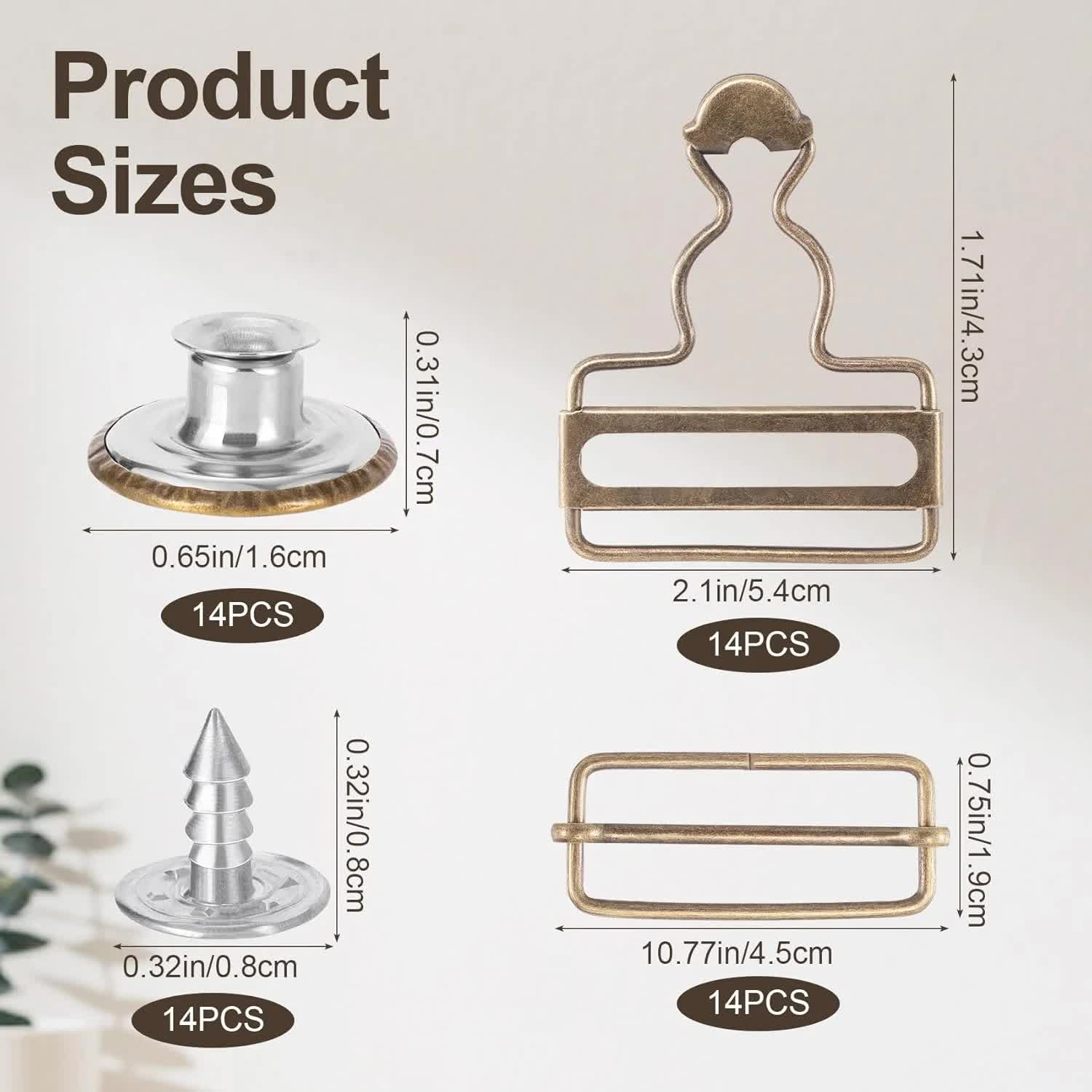 14 Sets Metal Overall Buckles, 1-1/2" Dungaree Replacement Clasp Clips with Adjustable Slide Buckle Buttons for Suspender Jeans Bib Pants DIY Sewing Accessories, Bronze