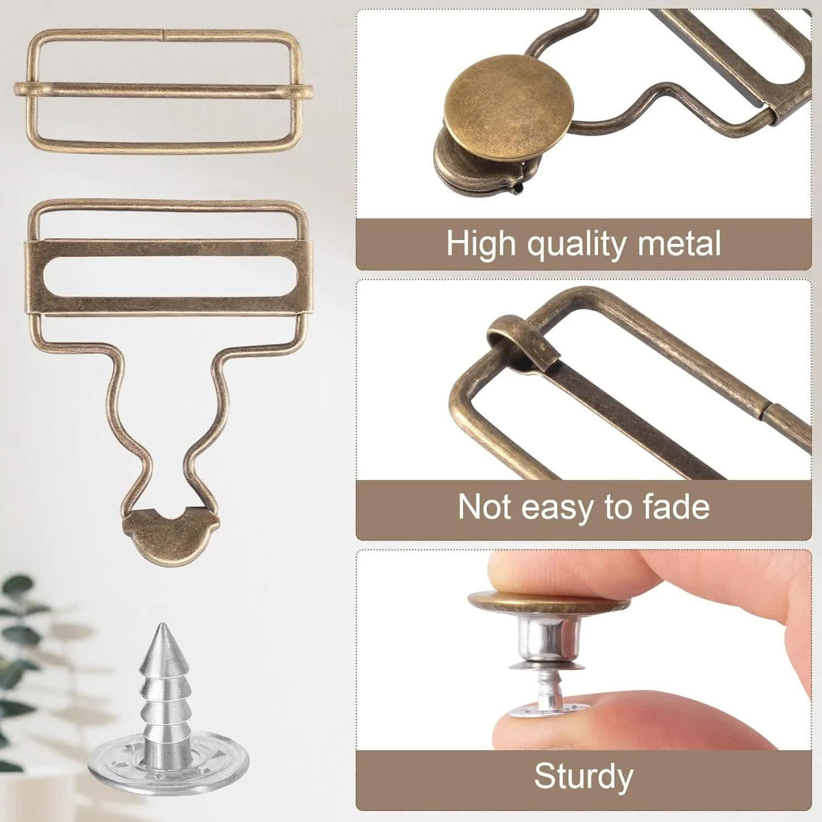 14 Sets Metal Overall Buckles, 1-1/2" Dungaree Replacement Clasp Clips with Adjustable Slide Buckle Buttons for Suspender Jeans Bib Pants DIY Sewing Accessories, Bronze