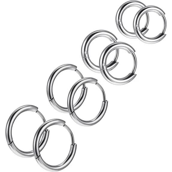 4 Pairs Stainless Steel Huggie Hoop Earrings Silver Small Hoop Earring For Women Men Mini 8mm 10mm 12mm 14mm Cartilage Helix Lobes Hinged Sleeper Earrings For Multiple Piercings