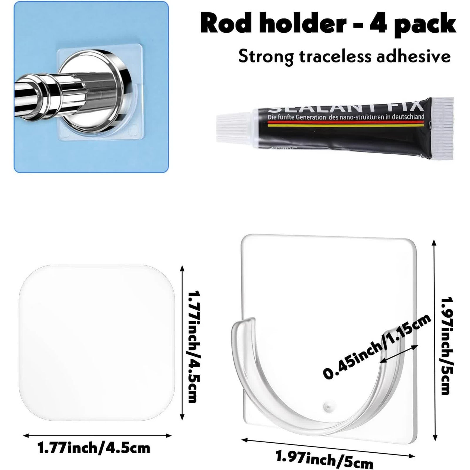 4 Pack Shower Rod Holder Adhesive No Drilling Transparent Shower Rod Holder Invisible Wall Mount Holder For Tension Rods Shower Curtain Rod Holders For Wall (Rod Not Included)