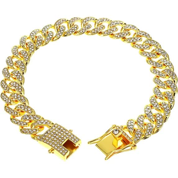 Chain Collar for Dog Diamond Cuban Link Dog Collar 13mm Wide Pet Cuban Style Collar Metal Cat Chain Pet Crystal Collar Jewelry Accessories for Small Medium Large Dogs Cats (10 Inch, Gold)
