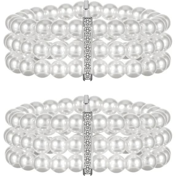 Pearl Cuff Bracelet 2pcs 1920s Imitation Pearl Bracelet Multi-Layered Elastic Bangle 3 Rows Faux Pearls Accent Off White Stretch Wrist Bracelet Vintage Pearl Bracelets For Women Bridal Wedding Jewelry