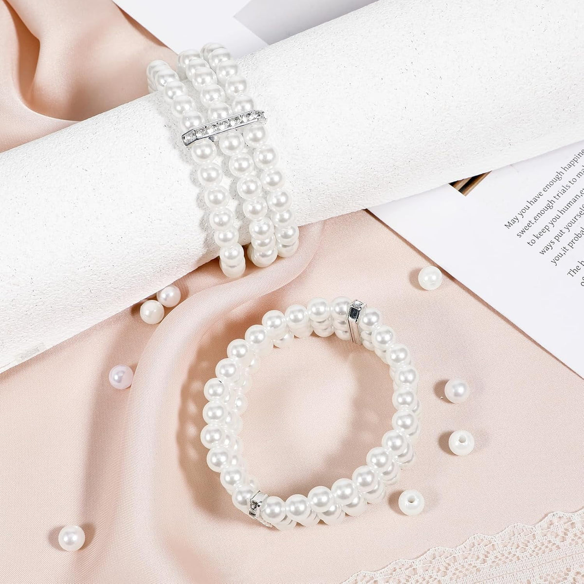 Pearl Cuff Bracelet 2pcs 1920s Imitation Pearl Bracelet Multi-Layered Elastic Bangle 3 Rows Faux Pearls Accent Off White Stretch Wrist Bracelet Vintage Pearl Bracelets For Women Bridal Wedding Jewelry
