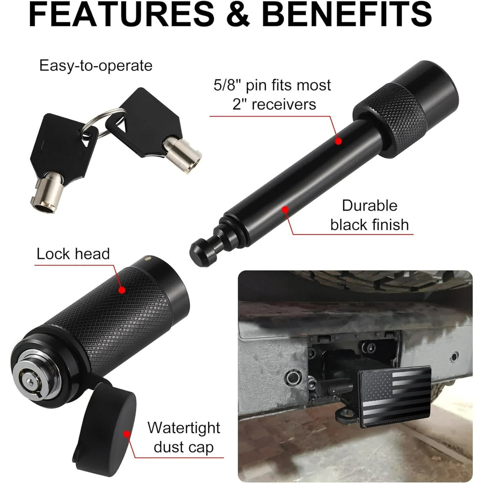 Tow Hitch Cover, Heavy American Flag Metal Trailer Hitch Cover for 2 Inch Receivers, Ideal for Truck Accessories with 5/8-Inch Pin Diameter Trailer Hitch Lock