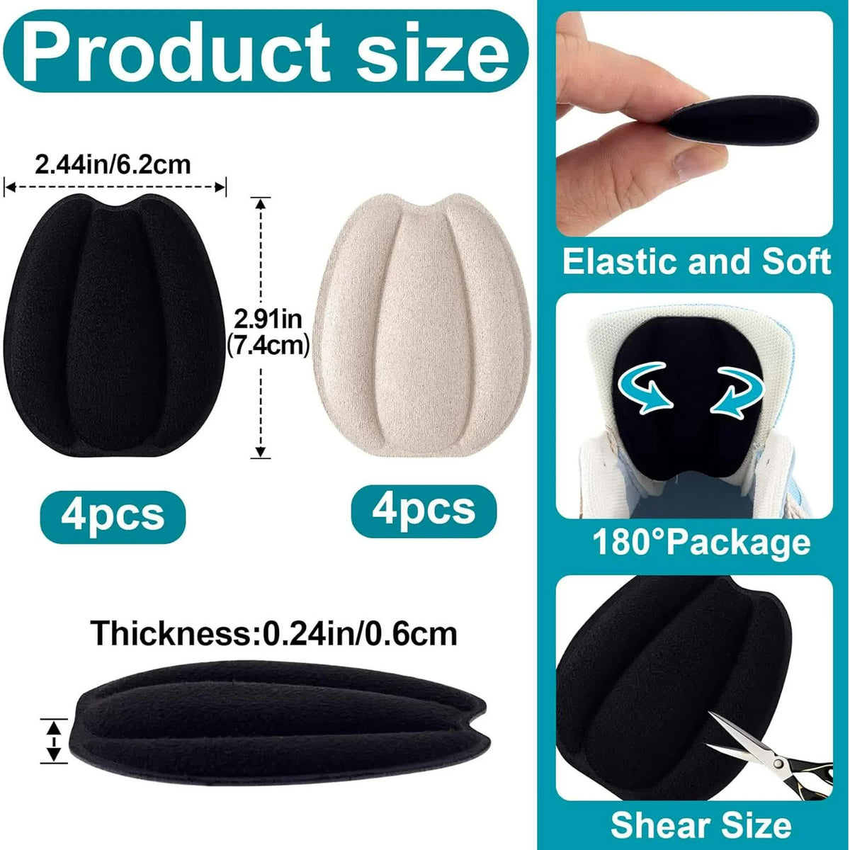 4 Pairs Self Adhesive Tongue Pads for Shoes Too Big, Non Slip Tongue Cushion Insert for Loose Shoe Size Reducer, Shoe Filler Shoe Heel Inserts for Men Women, Size Large (Black+Beige)