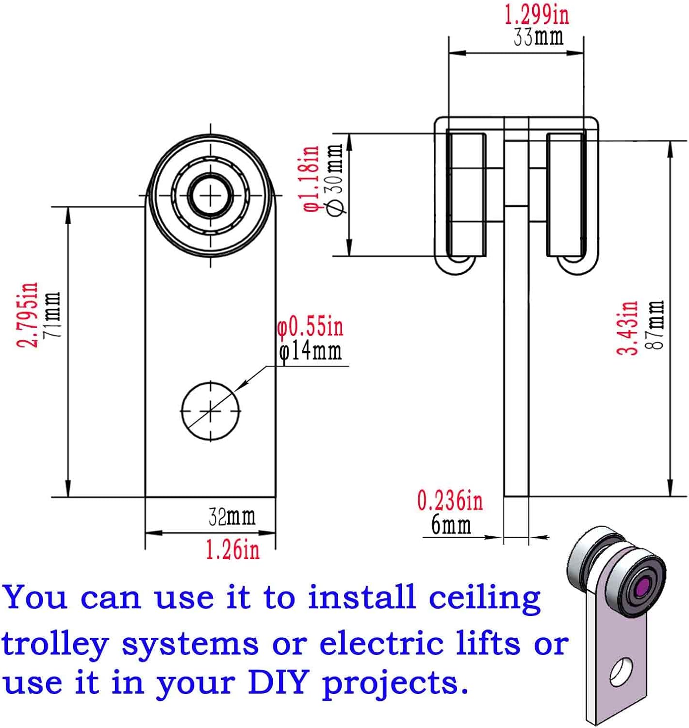 2Pcs 4 Wheel Trolley Assembly Rollers Four Bearing Trolley Assembly for 1-5/8" Wide and All 1-5/8" or Taller Strut Channel