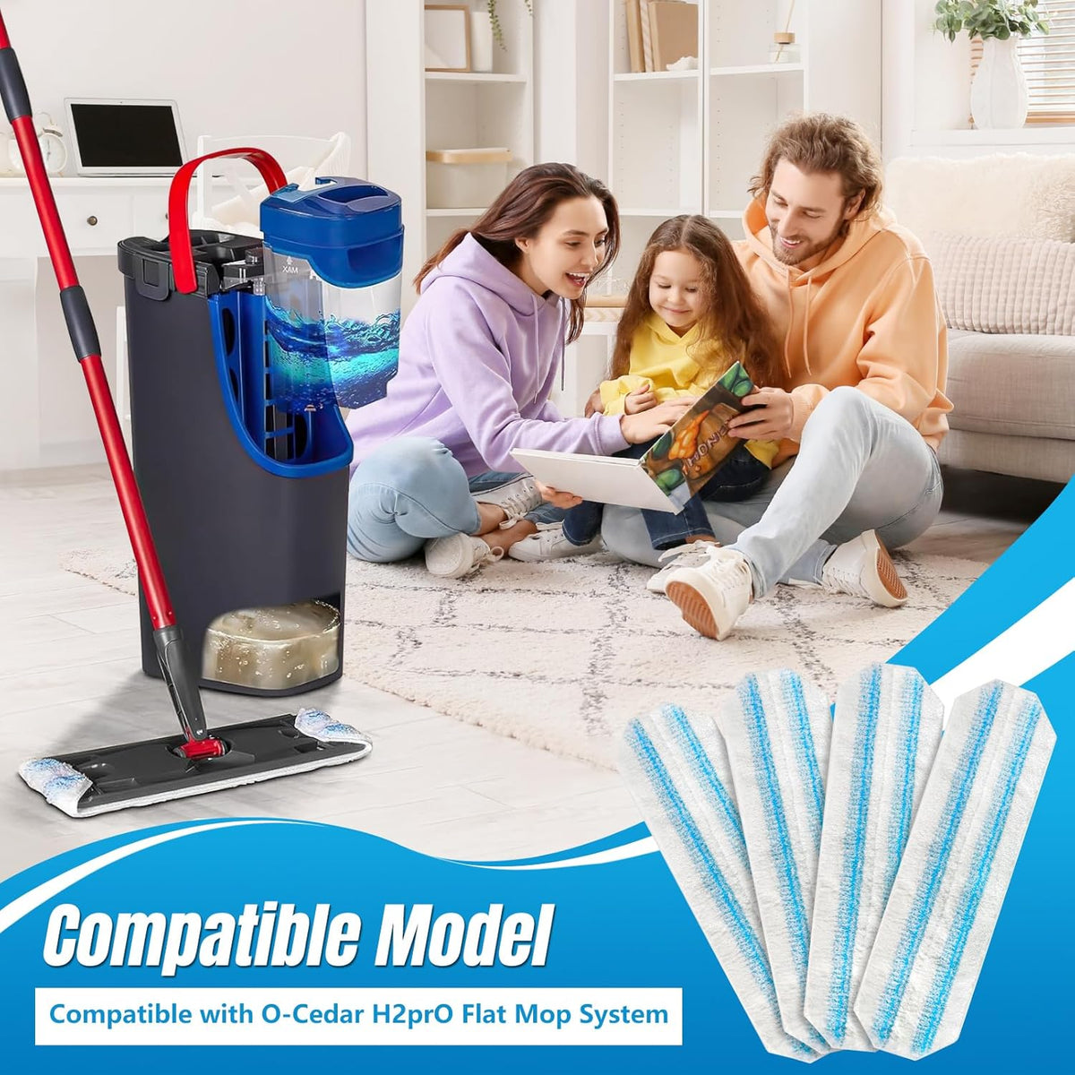 4-Pack Replacement Mop Pads for O-Cedar H2pro Flat Mop System & Vileda | O'Cedar H2 Pro Microfiber Mop Heads Replacements | Washable Reusable Refills | Safe on Wood, Tile, Vinyl Floors