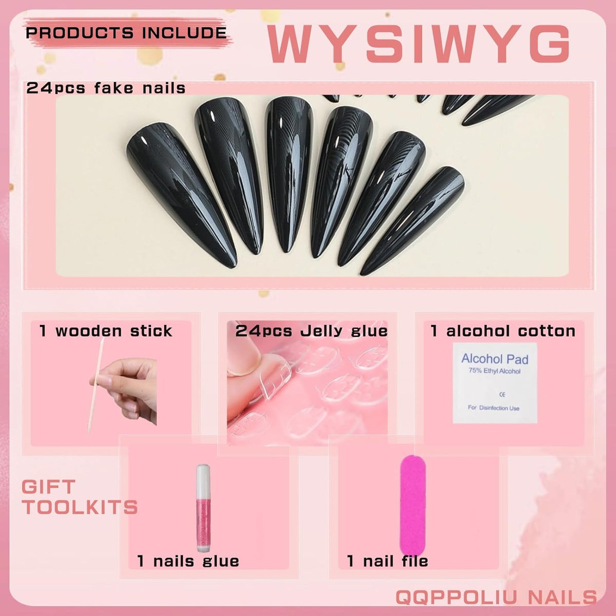 Stiletto Shape Press on Nails Long Length Black Nails Press on Fake Nails Long Almond Artificial Nails Claw Nails for Women and Girls  black  0.04 Fl Oz (Pack of 24)