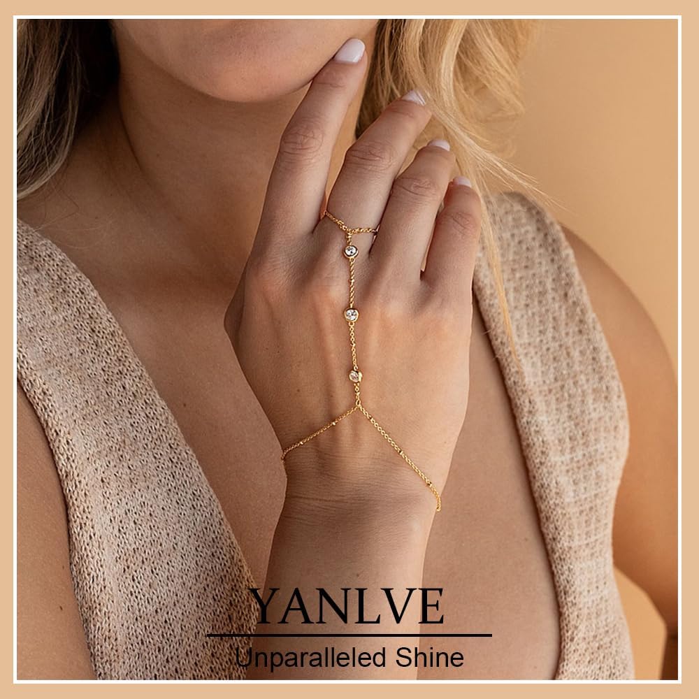 Hand Chain Bracelet 14K Plated Gold Bracelet Stack Finger Ring for Women Adjustable Rhinestone Ring Bracelet Hand Chain for Women Trendy Jewelry Non Tarnish Gold Ring Hand Bracelet Gold
