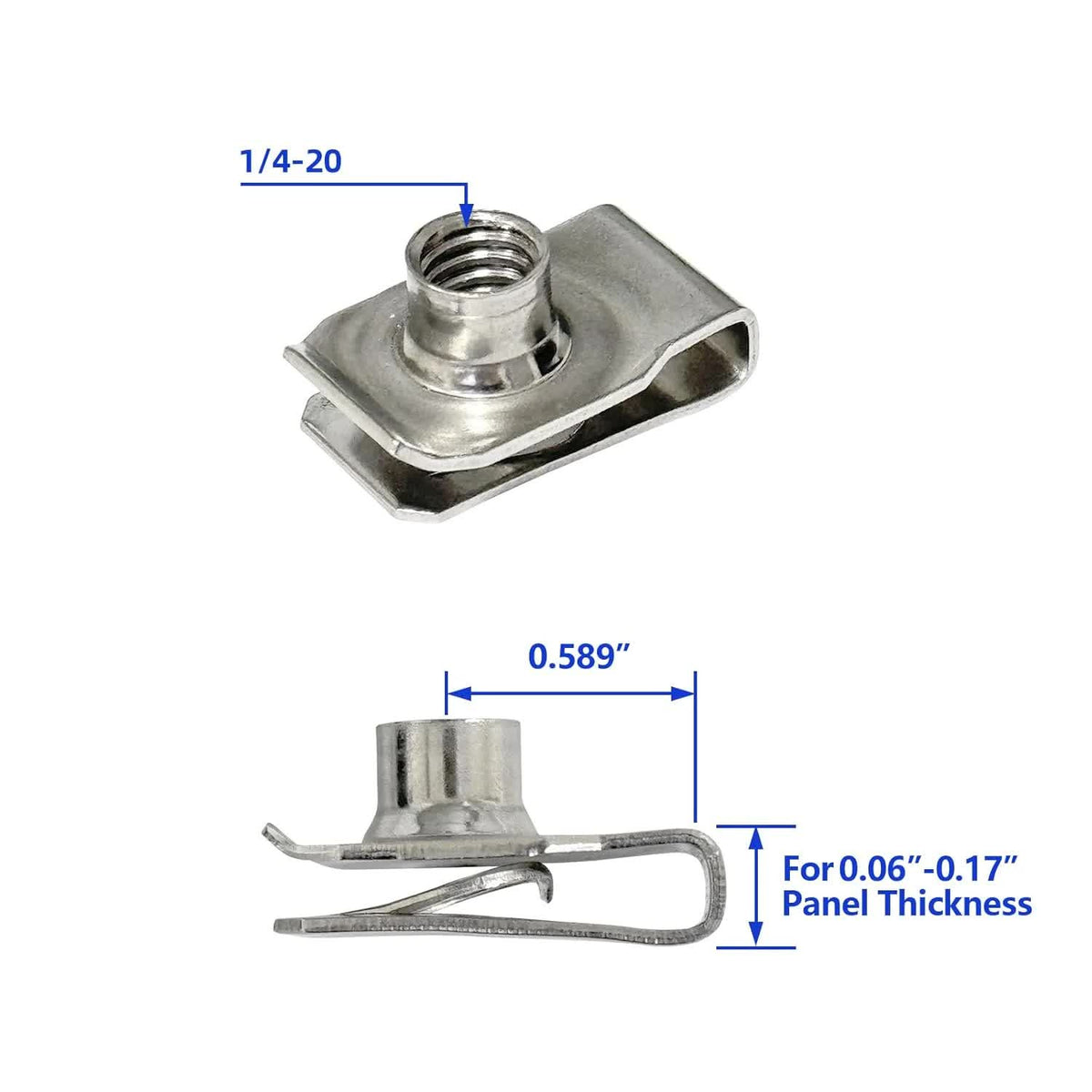 1/4"-20 U-Style Clip-On Nut, U-Type Stainless Steel 18-8 (304) Regular Extruded U-Nut, Pack of 20