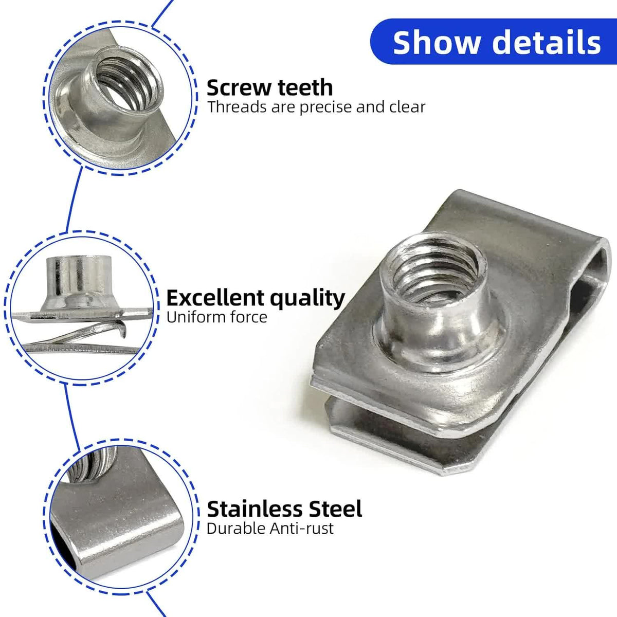 1/4"-20 U-Style Clip-On Nut, U-Type Stainless Steel 18-8 (304) Regular Extruded U-Nut, Pack of 20