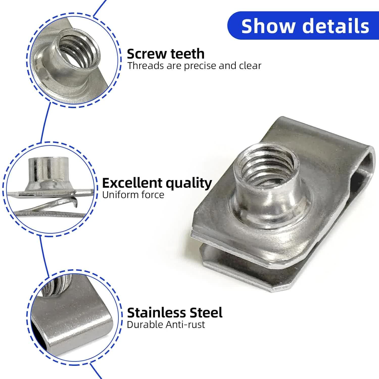 1/4"-20 U-Style Clip-On Nut, U-Type Stainless Steel 18-8 (304) Regular Extruded U-Nut, Pack of 20