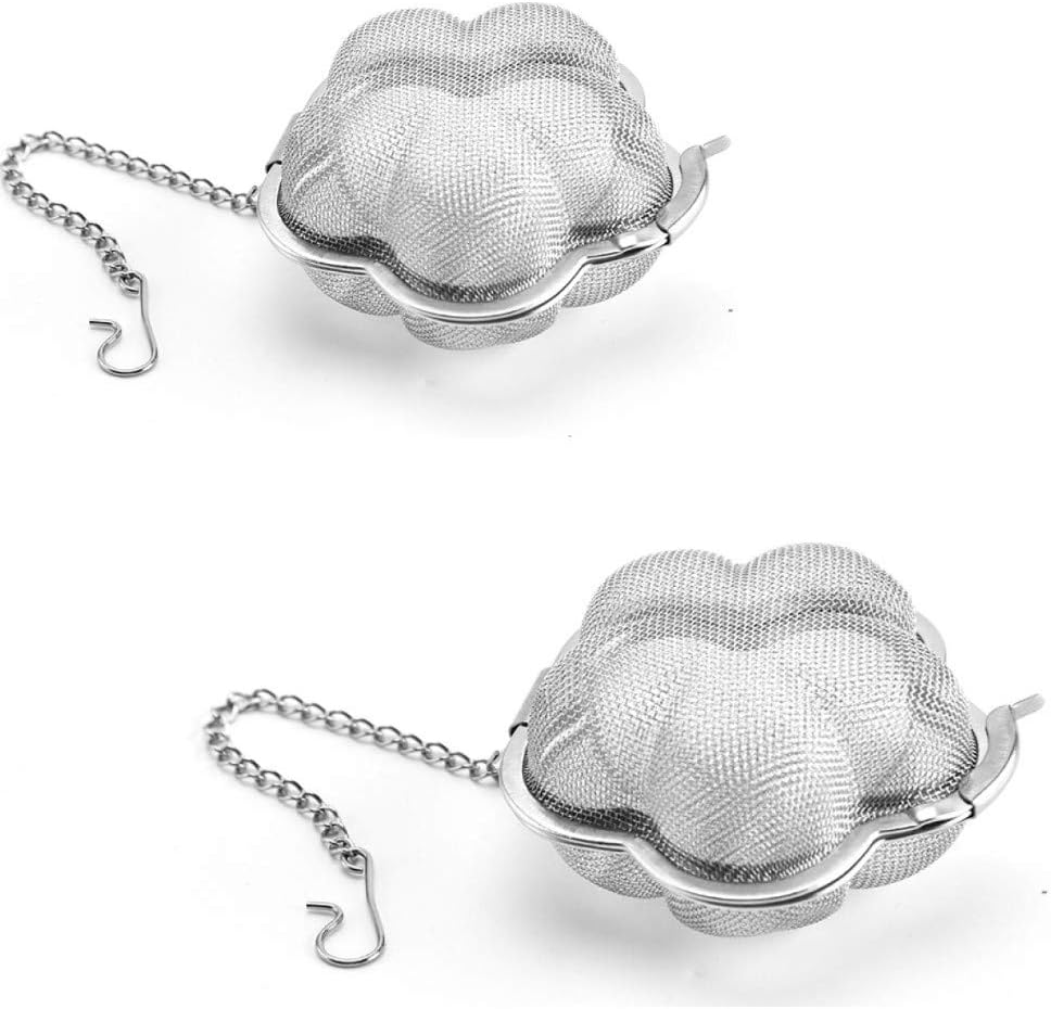 2pcs Stainless steel fine mesh seasoning ball kitchen soup spice stew filter kitchen tool metal tea bag tea ball (2pcs Flower Shape),Silver,6cm