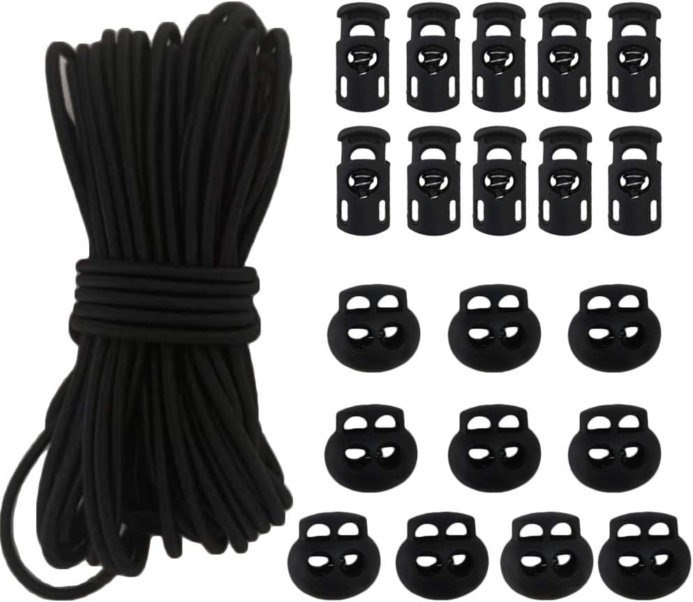 20pcs Plastic Cord Locks with 1/8-Inch 50ft Elastic Cord Heavy Stretch Round String, 10Pcs Sing-Hole, 10pcs Double-Hole Spring Toggle Stopper Slider Black (3mm-Black)