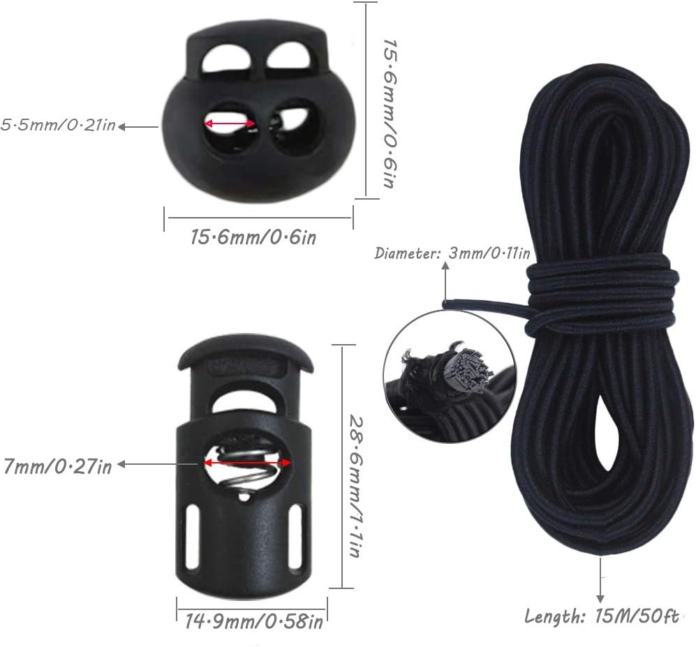 20pcs Plastic Cord Locks with 1/8-Inch 50ft Elastic Cord Heavy Stretch Round String, 10Pcs Sing-Hole, 10pcs Double-Hole Spring Toggle Stopper Slider Black (3mm-Black)