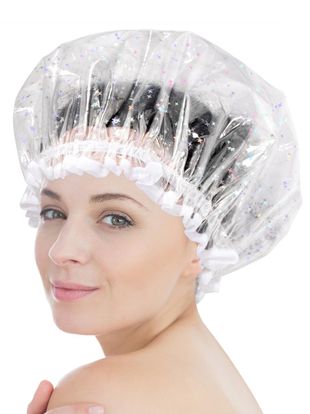 Luxury Shower Cap Reusable Waterproof for Women Sequin Lined Hair Cap for Shower Plastic Cap for Long Hair Large Double Layer Bath Cap Travel Essential &amp; Cleaning Supplies