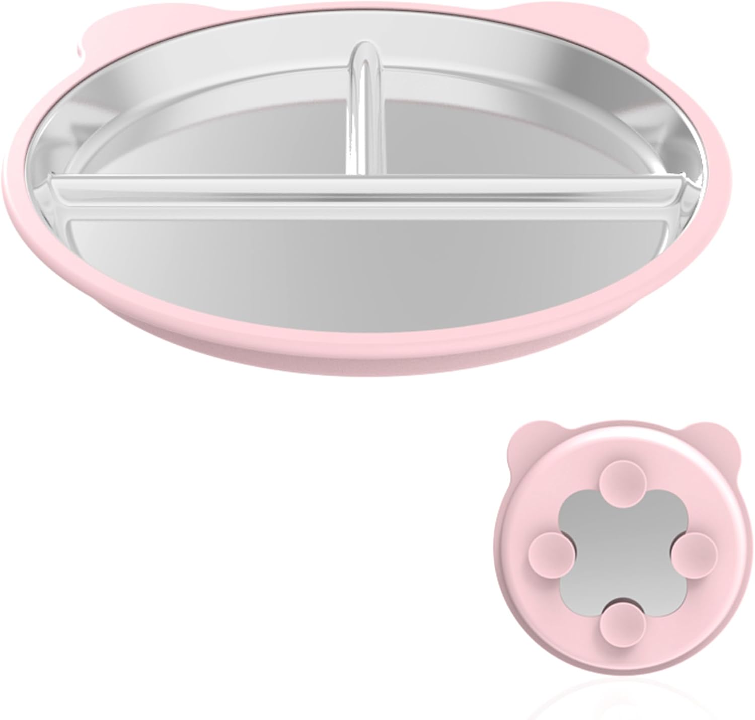 Silicone Stainless Steel Dinner Plate, 9-Inch Portion Control Plate, Balanced Lunch for Weight Loss and Diabetic Diets, Camping Metal Divider Plate (Round Pink)