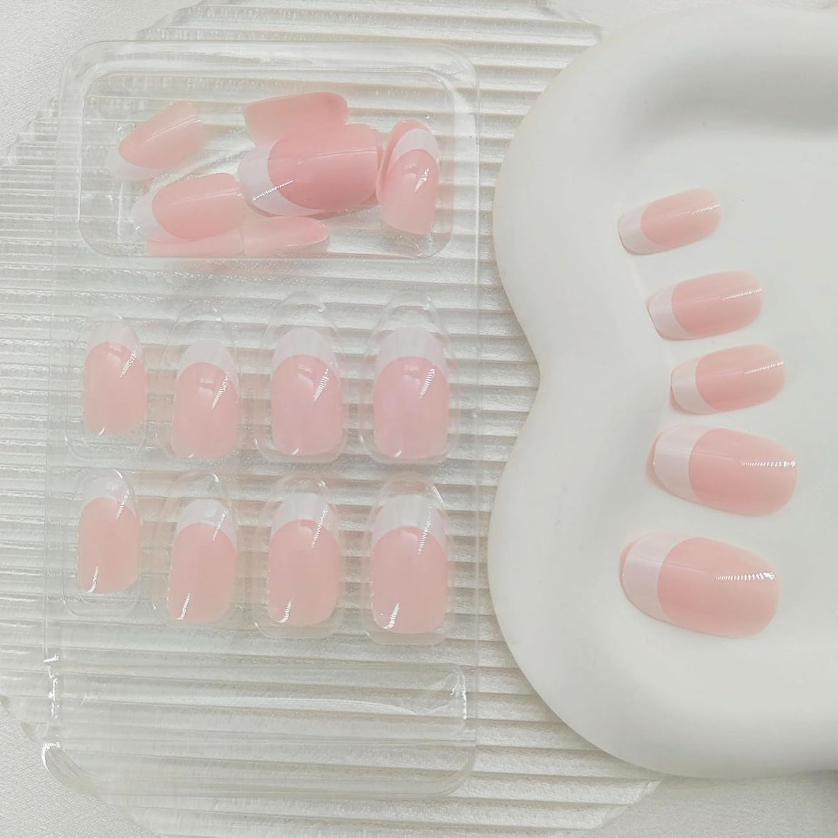 White French Tip Press On Nails - Short Oval Acrylic Glossy Fake Nails - Pink Full Cover Stick On for Women Girls - 24Pcs