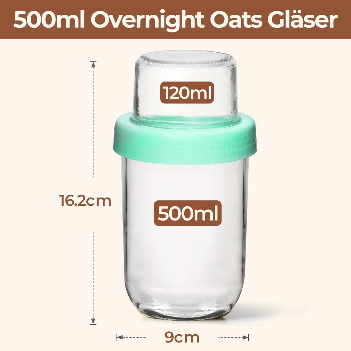 2-Pack 16 oz Overnight Oats Containers with Lids, Dual-Laryer Chia Pudding Jars with Dry and Wet Separation, Yogurt Parfait Cups for Oatmeal Cereal Nut Fruit, Meal Prep Glass Jars for Salad  Green