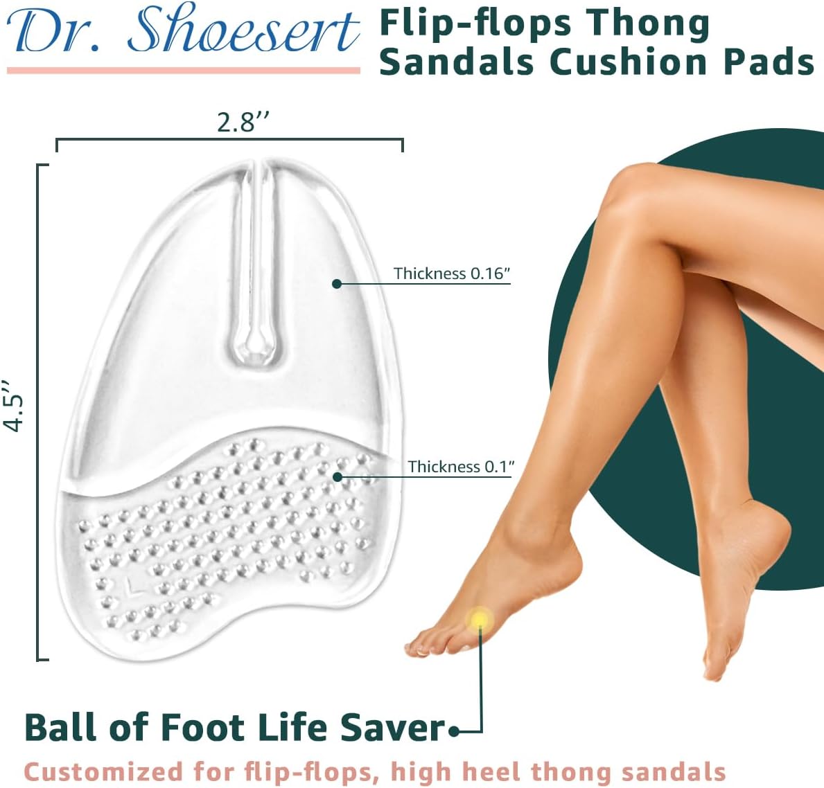 Gel Metatarsal Pads for Flip-Flops Thong Sandals, Ball of Foot Cushion Inserts Relieve All Day Forefoot Pain for Women and Men (Clear - 3 Pairs) Clear  Clear