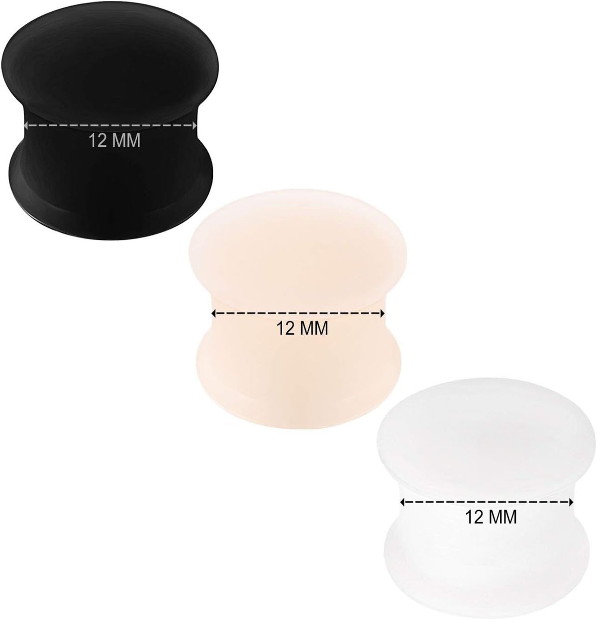 KJM FASHION 6 x Black Silicone Double Flared Ear Stretcher Expander  6pcs 12mm BL SN WT    6pcs 12mm BL SN WT