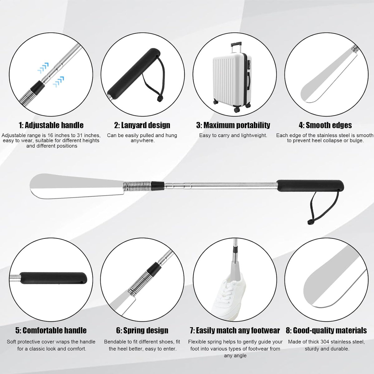 Extendable Shoe Horn, Premium Stainless Steel Adjustable Handle Shoe Lifter with Long Handle Shoehorn Telescopic Travel Shoe Helper Shoe Aid Tools for Women Men Seniors