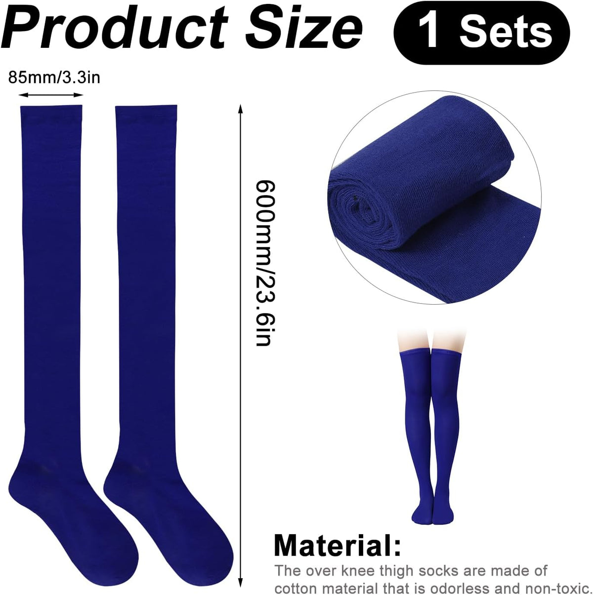 1 Pair Thigh High Socks, Cotton Soft Knee High Long Stockings Leg Warmers for Women Girls Christmas Cosplay (Royal Blue), 23.6inch