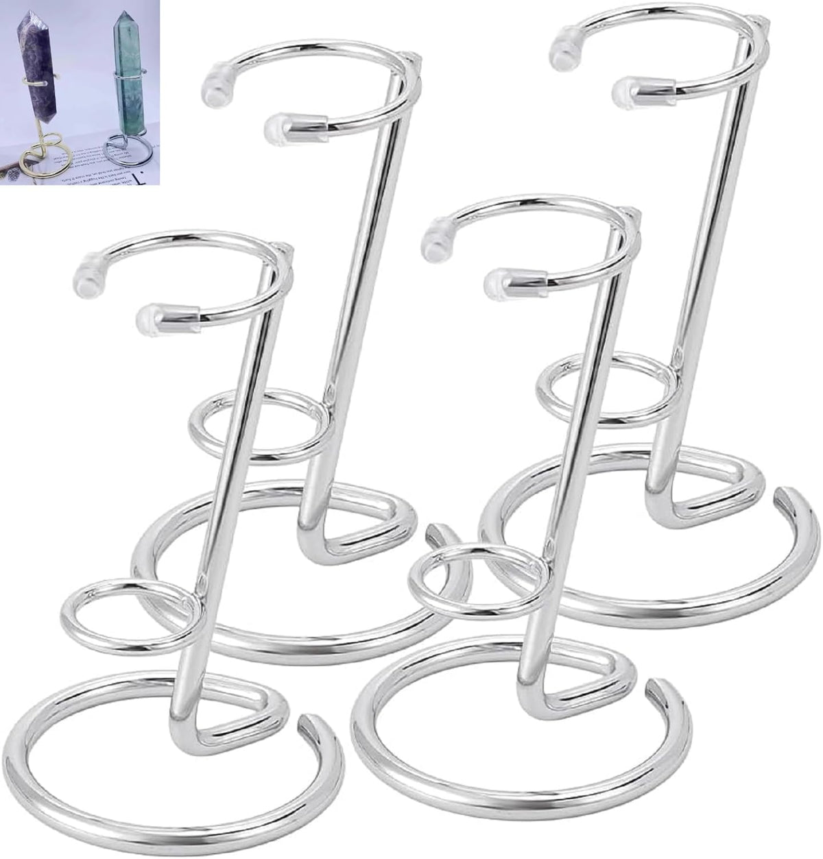 4 Pieces Small Crystal Rod Display Stand - Elegant Iron Gemstone and Mineral Holder, Geode Holder for Small Gemstone Crystal Mineral Agate Two Sizes 2.4x3.7 Inch 3.38×5.11 Inch Size (silver, large)