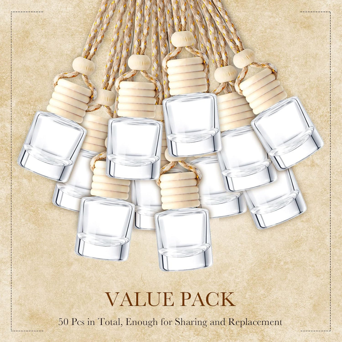 50 Pcs Hanging Car Air Freshener Car Diffuser Bottles Empty Glass Perfume Bottle Freshener Diffuser Bottle Pendant for Essential Oil Fragrance Aromatherapy Bottle Ornament (Cylinder) Clear