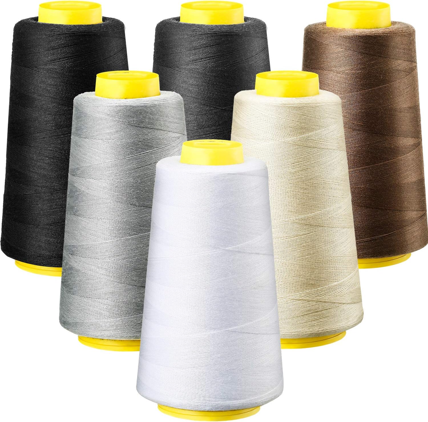 6 Rolls 3000 Yard Each Serger Thread Polyester Cones Spool Thread for Sewing Serger Overlock Quilting Sewing Machine (Black, White, Beige, Grey, Dark Grey, Coffee)  Black, White, Beige, Grey,