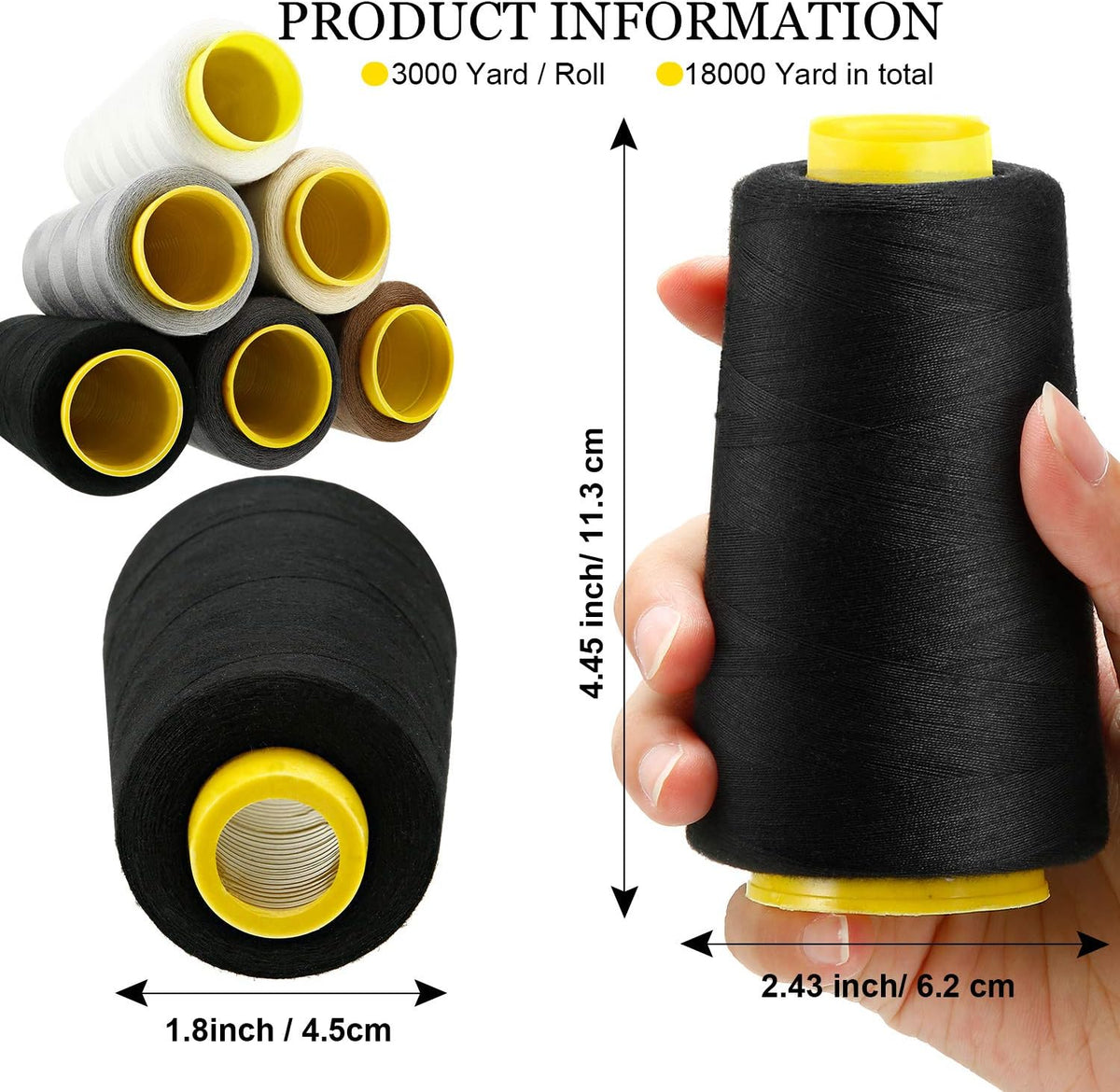 6 Rolls 3000 Yard Each Serger Thread Polyester Cones Spool Thread for Sewing Serger Overlock Quilting Sewing Machine (Black, White, Beige, Grey, Dark Grey, Coffee)  Black, White, Beige, Grey,