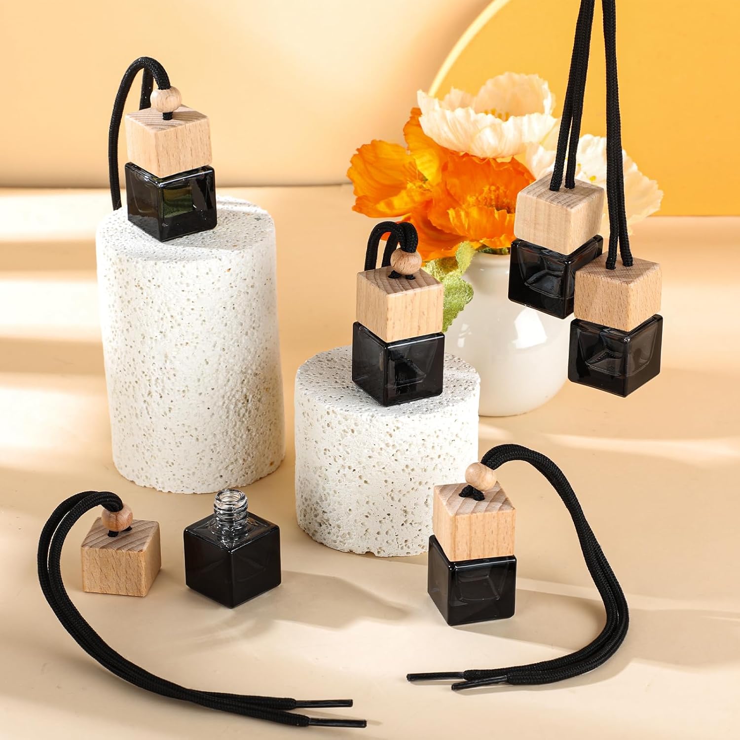 50 Pcs Hanging Car Air Freshener Car Diffuser Bottles Empty Glass Perfume Bottle Freshener Diffuser Bottle Pendant for Essential Oil Fragrance Aromatherapy Bottle Ornament (Black,Cube) Black