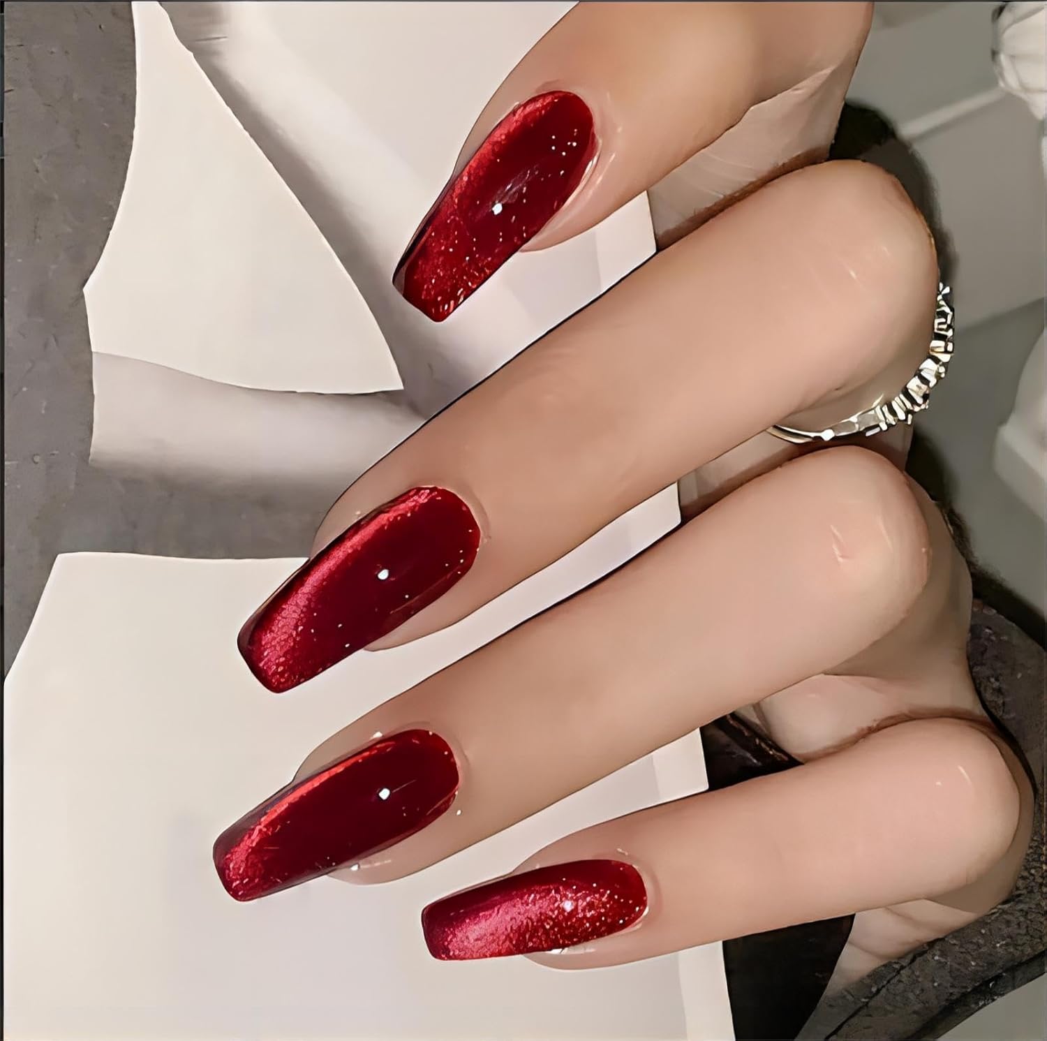 Red Press on Nails Coffin Shape Fake Nails Long False Nails with Cat Eye Design Glitter Glue on Nails for Women 24PCS 522 red 0.04 Fl Oz (Pack of 24)