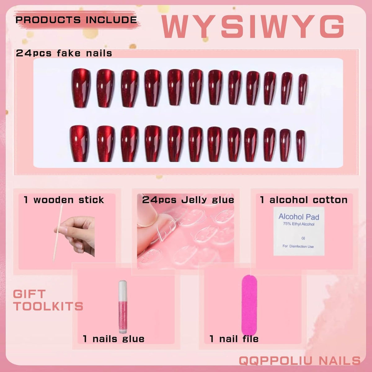 Red Press on Nails Coffin Shape Fake Nails Long False Nails with Cat Eye Design Glitter Glue on Nails for Women 24PCS 522 red 0.04 Fl Oz (Pack of 24)