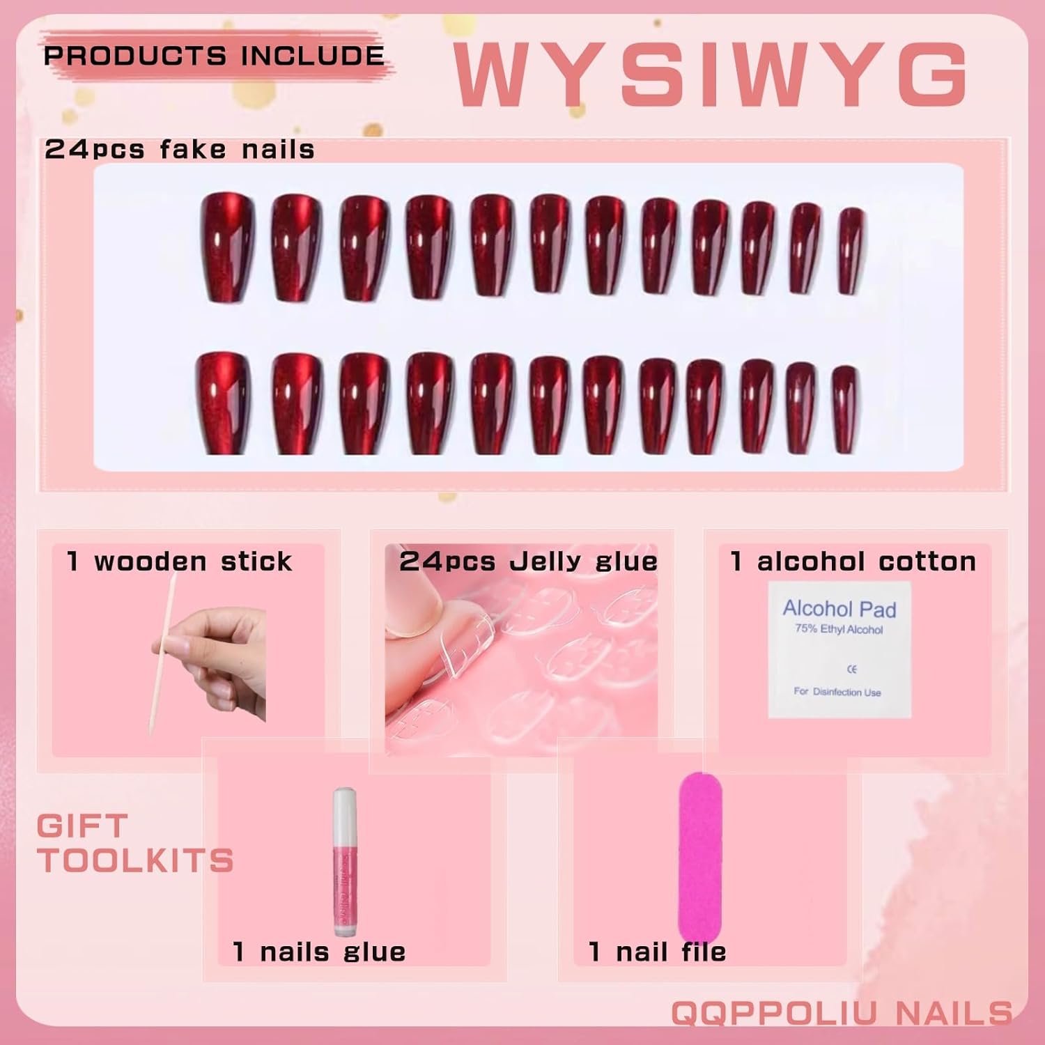 Red Press on Nails Coffin Shape Fake Nails Long False Nails with Cat Eye Design Glitter Glue on Nails for Women 24PCS 522 red 0.04 Fl Oz (Pack of 24)