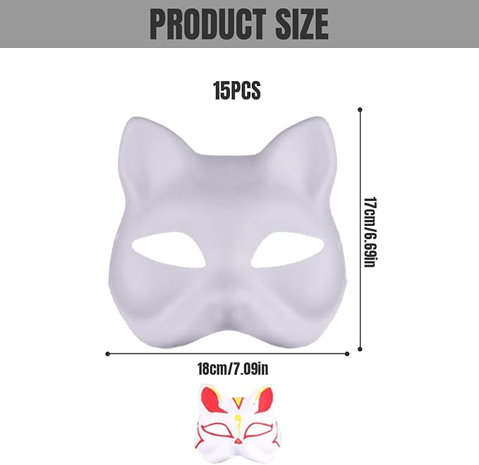 Cat Mask, Cat Mask 15 pcs Half Fox Mask White Therian Mask Diy Paintable Blank Mask for Holloween, Masquerade Party, Cosplay