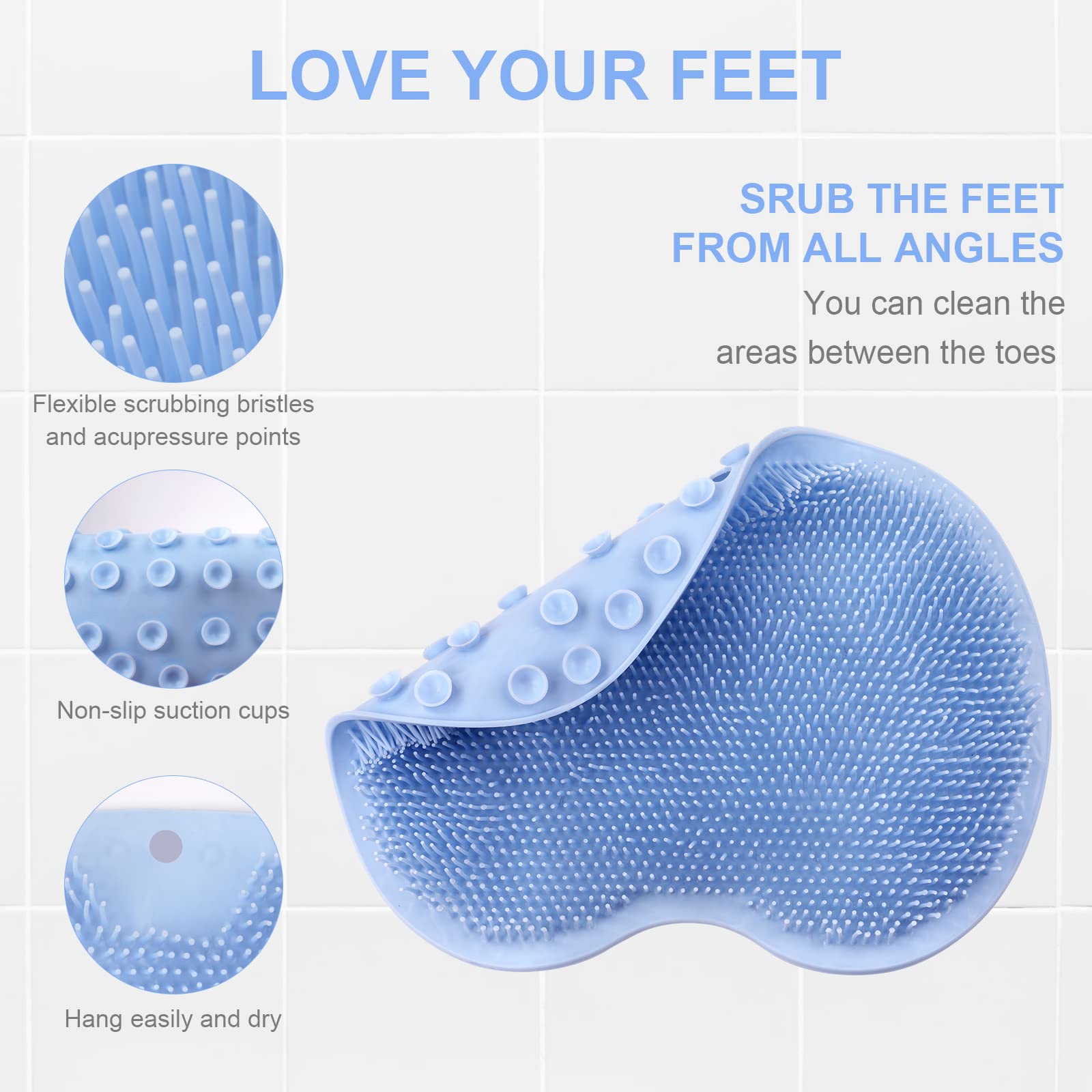 Foot Scrubber for Shower, Foot Cleaning Massage Mat with Non-Slip Suction Cups, Shower and Bathroom Foot Scrubber Mat (Blue) Blue