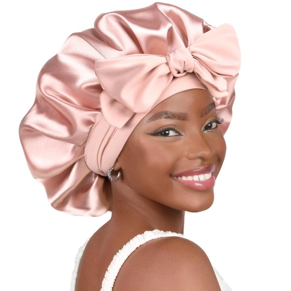 Satin Hat Silk Hat for Sleep Double Layer Satin Lined Hair Cap With Tie Caps For Women Naturally Curly Hair Pink