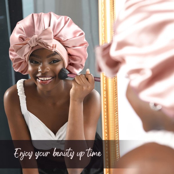 Satin Hat Silk Hat for Sleep Double Layer Satin Lined Hair Cap With Tie Caps For Women Naturally Curly Hair Pink