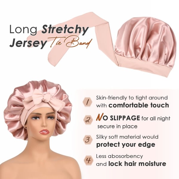 Satin Hat Silk Hat for Sleep Double Layer Satin Lined Hair Cap With Tie Caps For Women Naturally Curly Hair Pink