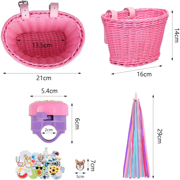 Pink purple children's bicycle basket with adjustable straps at the front