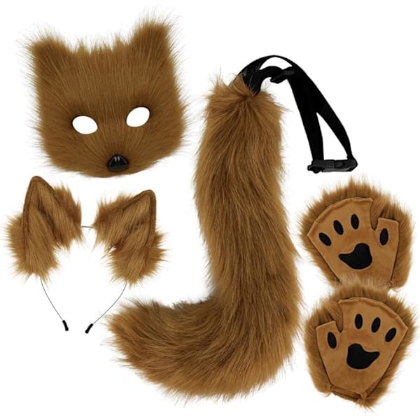 Plush mask with fox tail and ears set, cat tail fox costume cosplay costume with cat ears and paw gloves halloween cosplay brown High quality () brown