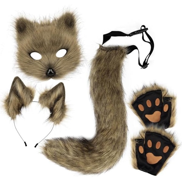 Green Plush Fox Tail and Ears Set with Cat Ears Paw Gloves Halloween Cosplay Costume